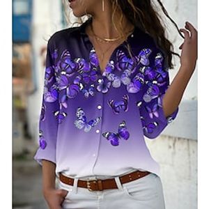 Women's Shirt Blouse Pink Blue Purple Animal Butterfly Button Print Long Sleeve Holiday Weekend Streetwear Casual Shirt Collar Regular Butterfly S miniinthebox