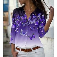 Women's Shirt Blouse Pink Blue Purple Animal Butterfly Button Print Long Sleeve Holiday Weekend Streetwear Casual Shirt Collar Regular Butterfly S miniinthebox - thumbnail