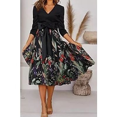 Women's A Line Dress Midi Dress Black 34 Length Sleeve Floral Bow Print Summer V Neck Elegant Modern 2022 S M L XL 2XL 3XL Lightinthebox