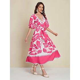 Satin Floral V Neck Short Sleeve Maxi Dress