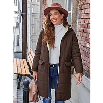 Women's Long Puffer Fleece Lined Parka Thermal Warm Winter Coat Windproof Hooded Heated Coat Zip up Casual Jacket Long Sleeve with Pockets Coffee Lightinthebox