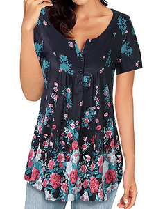 Round Neck Buttons Floral Print Short Sleeve T-shirt