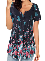Round Neck Buttons Floral Print Short Sleeve T-shirt - thumbnail
