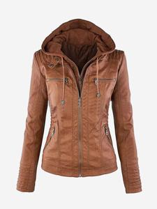 Casual Zipper Hooded Women PU Leather Jackets