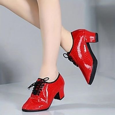 Women's Latin Shoes Performance Party Evening Ballroom Dance Heel Cuban Heel Pointed Toe Lace-up Adults' Black Red Lightinthebox