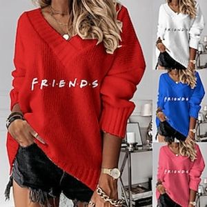 Women's Friends Thanksgiving Sweater V Neck Ribbed Knit  Long Sleeve FRIENDS Letter Printed Fall Winter Regular Outdoor Daily Going out Stylish Casual Soft Long Sleeve White Pink Red S M L Lightinthebox