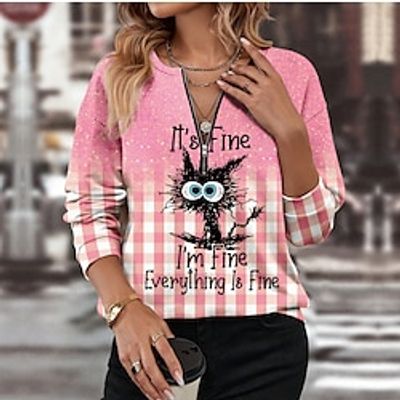 Women's Pullover Active Sportswear Quarter Zip Print Pink Blue Purple Plaid Cat Casual Sports V Neck Long Sleeve Top Micro-elastic Fall  Winter Lightinthebox