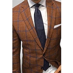 Men's Blazer Business Cocktail Party Wedding Party Fashion Casual Spring   Fall Polyester Plaid Button Pocket Comfortable Single Breasted Blazer Brown Lightinthebox