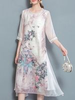 Vintage Splicing Floral Printed 3/4 Sleeves Dresses For Women