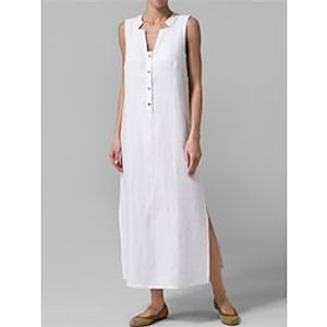 Women's Casual Dress Cotton Dress Midi Dress Cotton Basic Casual Outdoor Vacation V Neck Button Split Sleeveless Spring Summer 2023 Loose Fit White Navy Blue khaki Pure Color S M L XL 2XL Lightinthebox