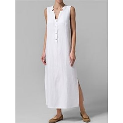 Women's Casual Dress Cotton Dress Midi Dress Cotton Basic Casual Outdoor Vacation V Neck Button Split Sleeveless Spring Summer 2023 Loose Fit White Navy Blue khaki Pure Color S M L XL 2XL Lightinthebox