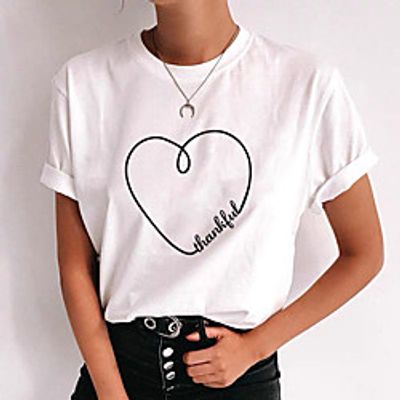 Women's T shirt Heart Print Round Neck Tops Cotton Basic Basic Top White Khaki Light Blue Lightinthebox
