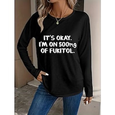 Women's T shirt Tee Letter Black Print Long Sleeve Daily Weekend Fashion Round Neck Regular Fit Spring   Fall Lightinthebox