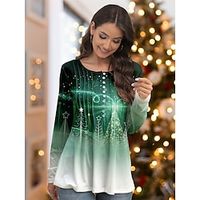 Christmas Shirt Women's Designer Shirt T shirt Tee Christmas Tree Pink Red Blue Print Button Long Sleeve Christmas Weekend Festival  Holiday Round Neck Regular Fit Spring   Fall Lightinthebox - thumbnail