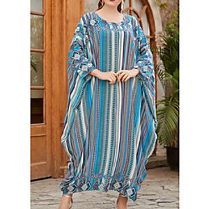 Women's Kaftan Dress Maxi long Dress Blue Long Sleeve Print Patchwork Summer Round Neck Casual Loose 2021 One-Size miniinthebox