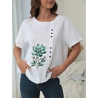 Women's Shirt Blouse Floral Casual Holiday White Button Print Short Sleeve Fashion Round Neck Regular Fit Summer Lightinthebox