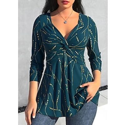 Women's T shirt Tee Striped Blue Print Flowing tunic Long Sleeve Daily Weekend Fashion V Neck Regular Fit Spring   Fall Lightinthebox