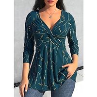 Women's T shirt Tee Striped Blue Print Flowing tunic Long Sleeve Daily Weekend Fashion V Neck Regular Fit Spring   Fall Lightinthebox - thumbnail