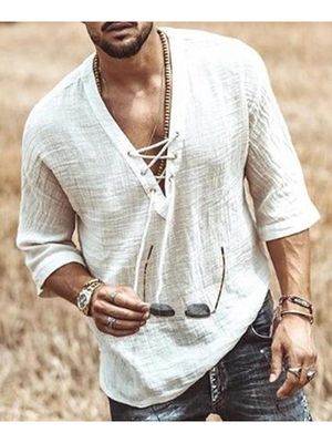 Men Casual Cotton Soft V-neck Plain Lace Up Half Sleeve T-Shirt Men Casual Cotton Soft V-neck Plain Lace Up Half Sleeve T-Shirt