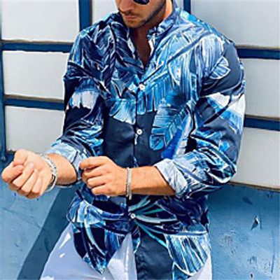 Men's Shirt 3D Print Palm Leaf Turndown Daily Holiday 3D Print Button-Down Long Sleeve Tops Casual Fashion Breathable Blue Lightinthebox