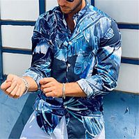 Men's Shirt 3D Print Palm Leaf Turndown Daily Holiday 3D Print Button-Down Long Sleeve Tops Casual Fashion Breathable Blue Lightinthebox - thumbnail