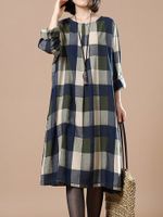 O-Newe Women Plaid O-Neck Long Sleeve Dress