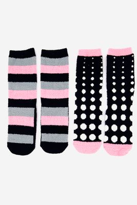 Womens 2 Pack Cozy Crew Socks Black/Pink Combo Womens 2 Pack Cozy Crew Socks Black/Pink Combo