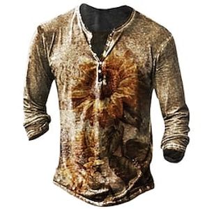 Men's T shirt Tee Henley Shirt Tee 3D Print Plants Graphic Plus Size Henley Daily Sports Button-Down Print Long Sleeve Tops Designer Basic Classic Comfortable Brown miniinthebox