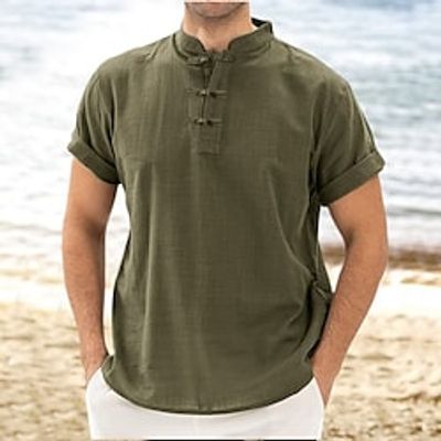 Men's Linen Shirt Henley Shirt Summer Shirt Casual Shirt Black White Brown Short Sleeve Plain Collar Summer Casual Daily Clothing Apparel Lightinthebox