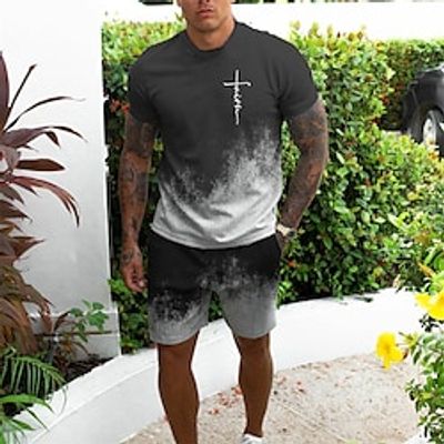 Men's Shorts and T Shirt Set T-Shirt Outfits 3D Print Graphic Patterned Letter Crew Neck Street Daily Print Short Sleeve Tops 2pcs Designer Basic Casual Fashion Black  Summer Lightinthebox