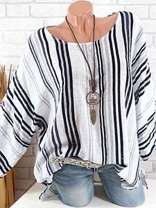 Round Neck Loose Fitting Stripes Blouses