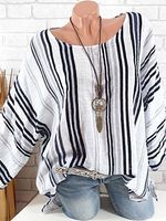 Round Neck Loose Fitting Stripes Blouses - thumbnail