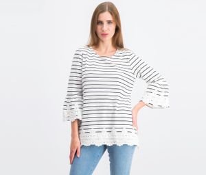 Womens Striped Lace-Trim Top  Bright White Combo