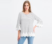 Womens Striped Lace-Trim Top  Bright White Combo - thumbnail
