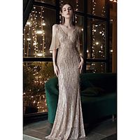 Mermaid  Trumpet Sparkle Elegant Engagement Formal Evening Dress V Neck Half Sleeve Floor Length Sequined with Sequin Tassel 2021 Lightinthebox - thumbnail