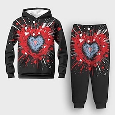 Valentines Boys 3D Skull Heart Hoodie  Sweatpants Set Long Sleeve 3D Printing Spring Fall Active Fashion Cool Polyester Kids 3-12 Years Hooded Outdoor Street Vacation Regular Fit Lightinthebox