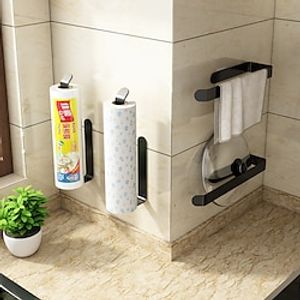 Kitchen Paper Towel Rack Hole Free Space Aluminum Black Cabinet Refrigerator Plastic Wrap Bag Roll Paper Storage Paper Rack miniinthebox