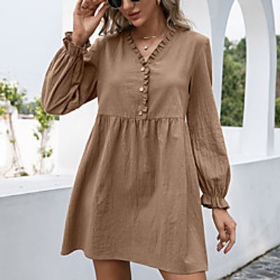 Women's A Line Dress Short Mini Dress caramel Blushing Pink khaki Green Black Brown Long Sleeve Solid Color Summer Casual 2021 S M L XL miniinthebox