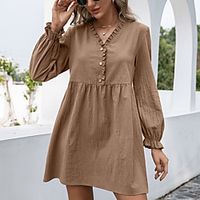 Women's A Line Dress Short Mini Dress caramel Blushing Pink khaki Green Black Brown Long Sleeve Solid Color Summer Casual 2021 S M L XL miniinthebox - thumbnail