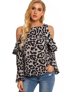 Leopard Cold Shoulder Long Bell Sleeves Flouncy Blouse