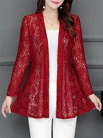 Collarless Lace See-Through Plain Cardigan - thumbnail