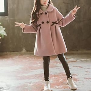 Kids Girls' Wool Coat Double Breasted Lapel Pink khaki Bow Fall Winter Fashion 2-12 Years  Wool  Warm Ups  Sweet  Cotton Lightinthebox