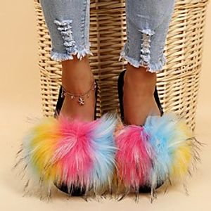 Women's Sandals Flat Heel Round Toe Faux Fur Solid Colored Yellow Blue Pink miniinthebox