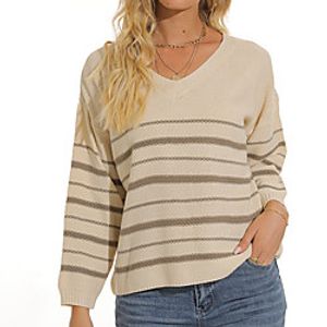 Women's Pullover Sweater Knitted Striped Stylish Casual Long Sleeve Sweater Cardigans V Neck Fall Winter Purple Blushing Pink White miniinthebox