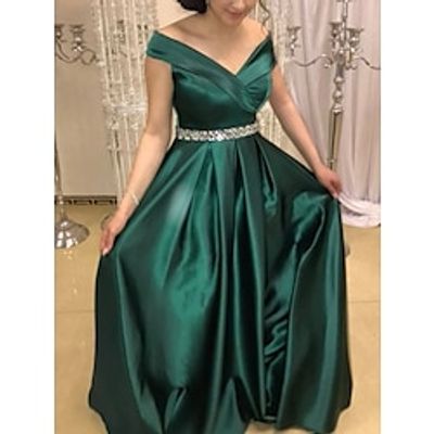 A-Line Evening Gown Elegant Dress Formal Sweep Brush Train Christmas Red Green Dress Sleeveless Off Shoulder Satin with Pleats Crystals 2023 Lightinthebox A-Line Evening Gown Elegant Dress Formal Sweep Brush Train Christmas Red Green Dress Sleeveless Off Shoulder Satin with Pleats Crystals 2023 Lightinthebox