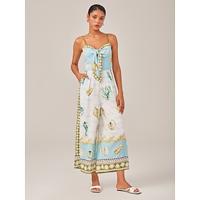 Vacation-Style Ocean-Themed Placed Print Jumpsuits