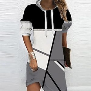 Women's Casual Dress Hoodie Dress Shift Dress Mini Dress Black Long Sleeve Geometric Print Winter Fall Spring Hooded Fashion Daily Date 2022 S M L XL XXL 3XL miniinthebox