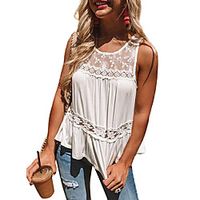Women's Tank Top Shirt Plain Cut Out Lace Flowing tunic Round Neck Casual Tops White Pink Gray Lightinthebox - thumbnail