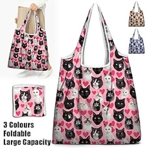 Women's Tote Shoulder Bag Hobo Bag Polyester Valentine's Day Shopping Daily Print Large Capacity Foldable Lightweight Cat Heart-shaped Yellow Pink Blue Lightinthebox