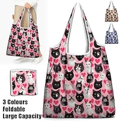 Women's Tote Shoulder Bag Hobo Bag Polyester Valentine's Day Shopping Daily Print Large Capacity Foldable Lightweight Cat Heart-shaped Yellow Pink Blue Lightinthebox